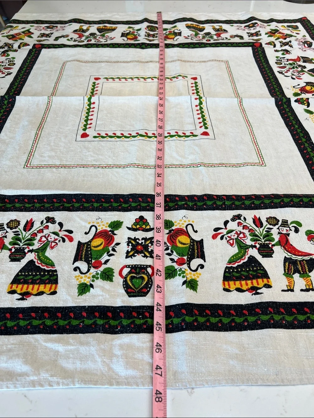 Vintage Pennsylvania Dutch Folk Art Card Tablecloth 48x48 Linen